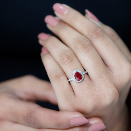1 Carat Lab Created Ruby Teardrop Engagement Ring with Diamond Halo