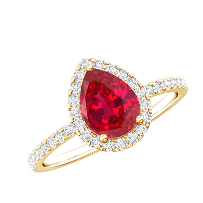 1 Carat Lab Created Ruby Teardrop Engagement Ring with Diamond Halo