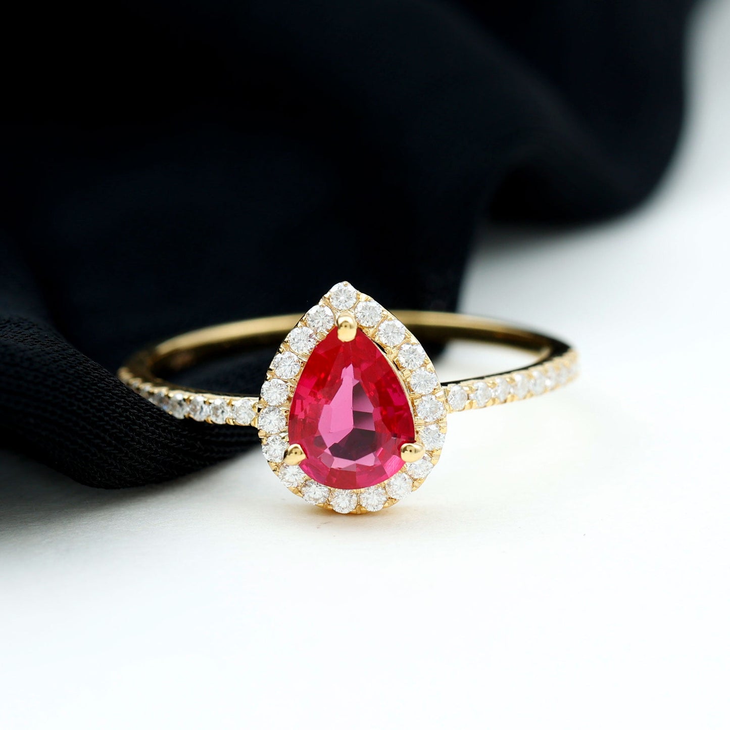1 Carat Lab Created Ruby Teardrop Engagement Ring with Diamond Halo