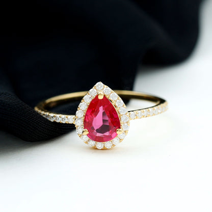 1 Carat Lab Created Ruby Teardrop Engagement Ring with Diamond Halo