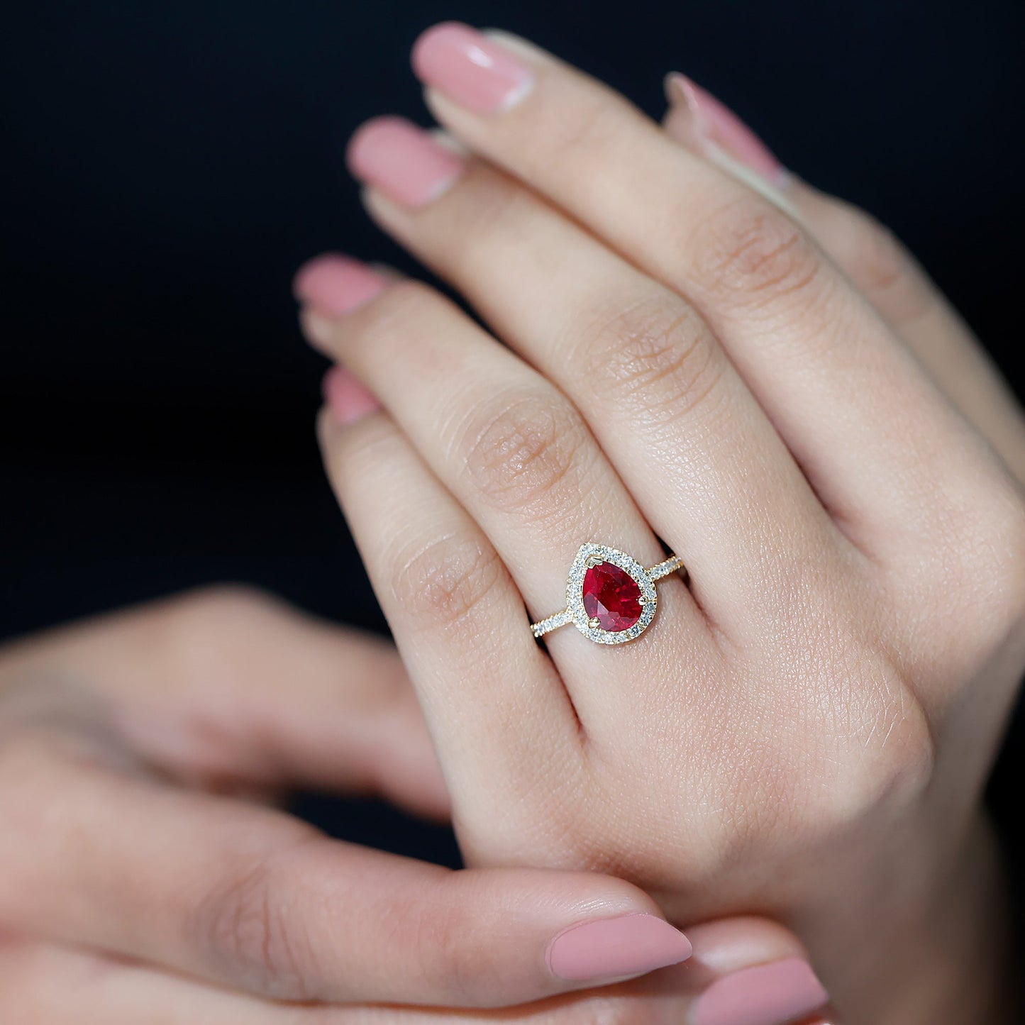 1 Carat Lab Created Ruby Teardrop Engagement Ring with Diamond Halo