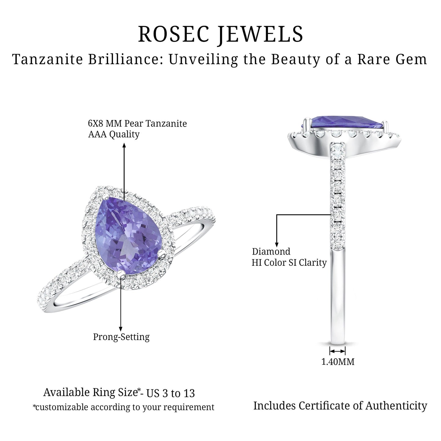 1.35 Carat Tanzanite Classic Engagement Ring with Diamond Halo