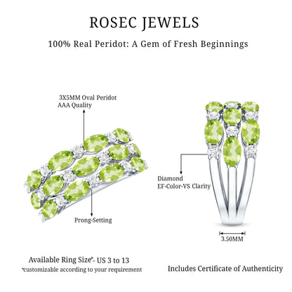 Certified Natural Peridot 3 Row Wedding Band with Diamond