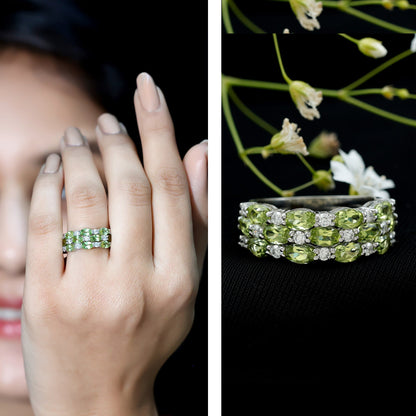 Certified Natural Peridot 3 Row Wedding Band with Diamond