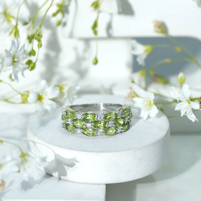 Certified Natural Peridot 3 Row Wedding Band with Diamond