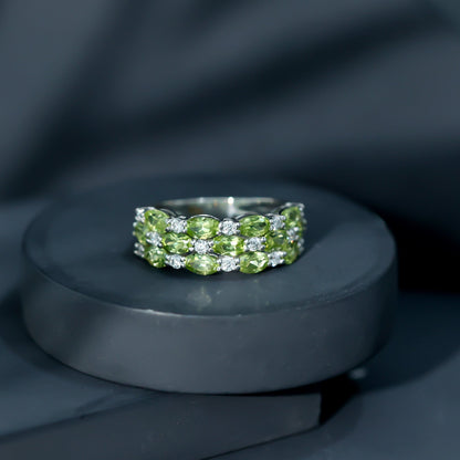 Certified Natural Peridot 3 Row Wedding Band with Diamond