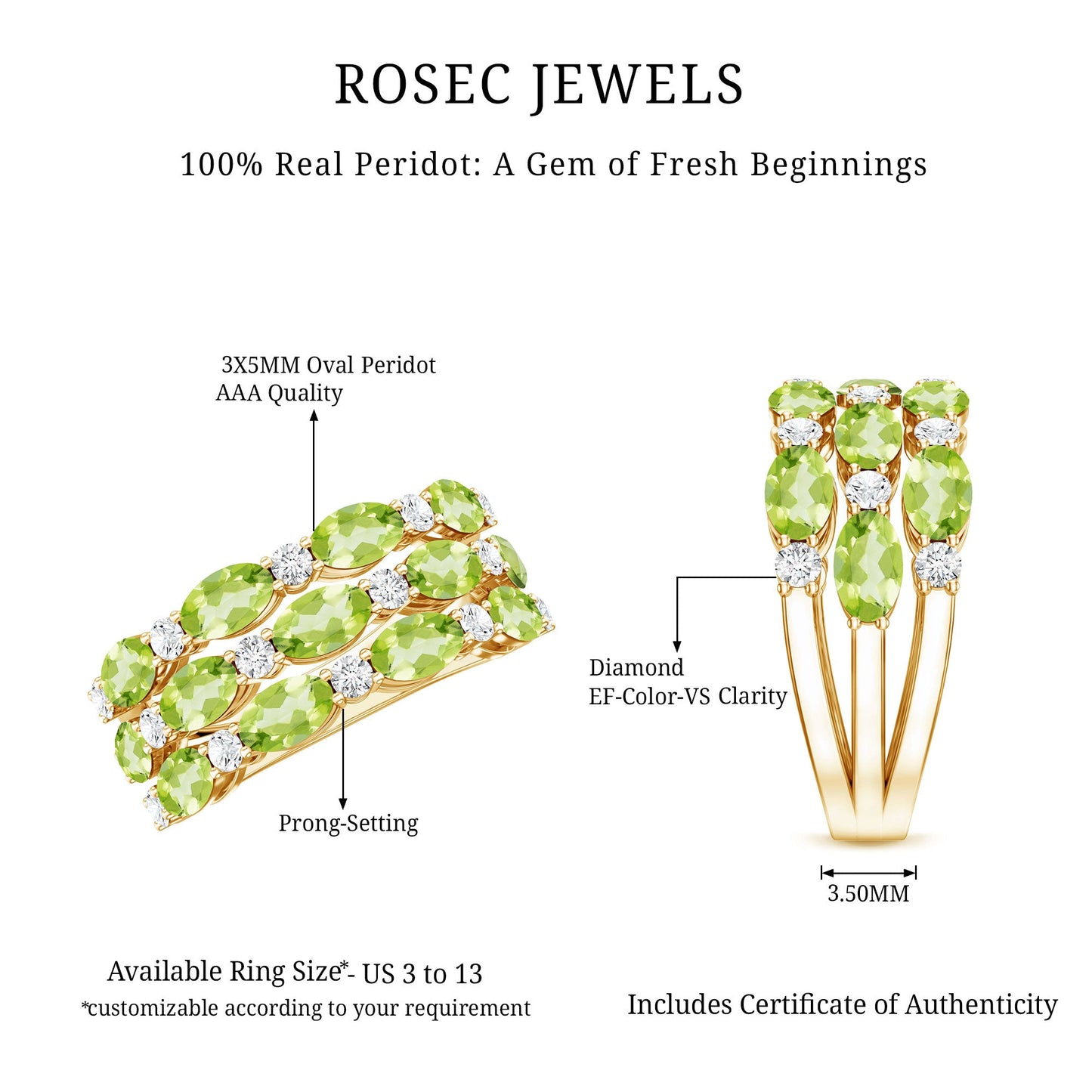 Certified Natural Peridot 3 Row Wedding Band with Diamond