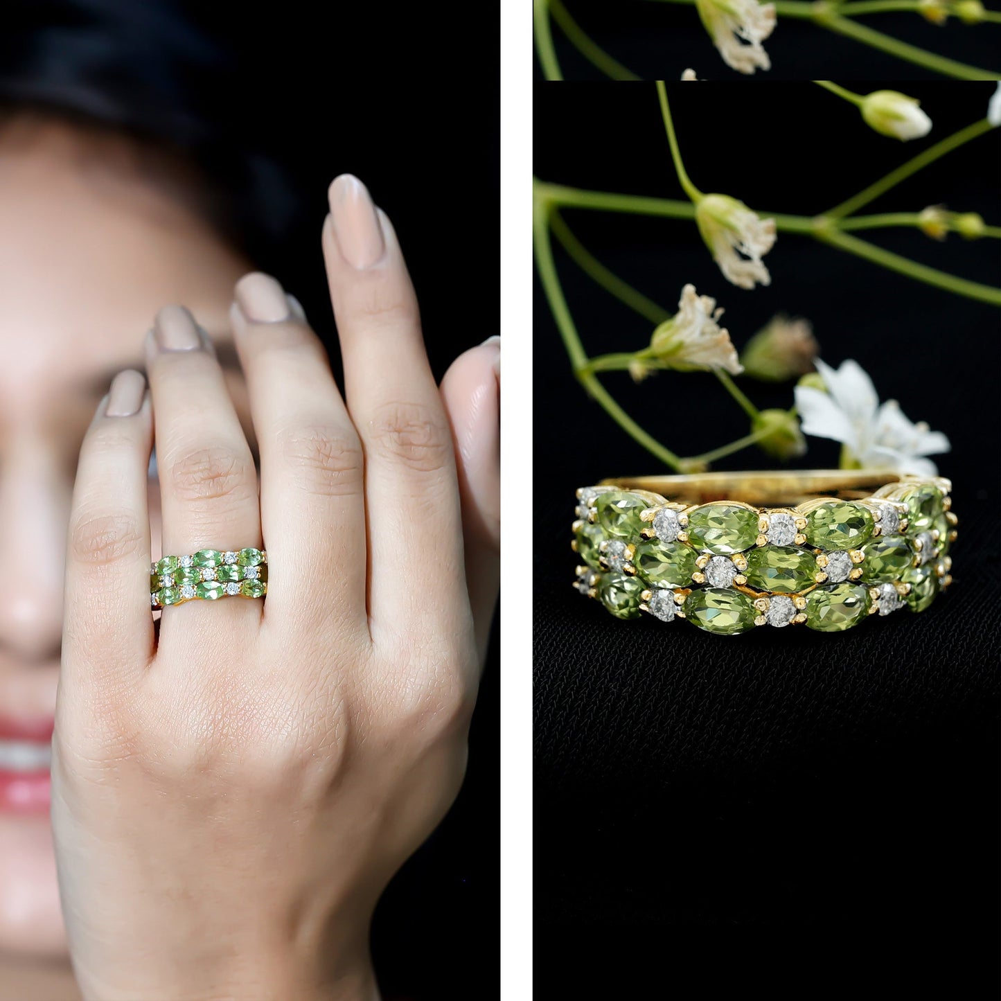 Certified Natural Peridot 3 Row Wedding Band with Diamond