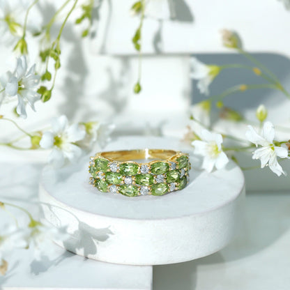 Certified Natural Peridot 3 Row Wedding Band with Diamond