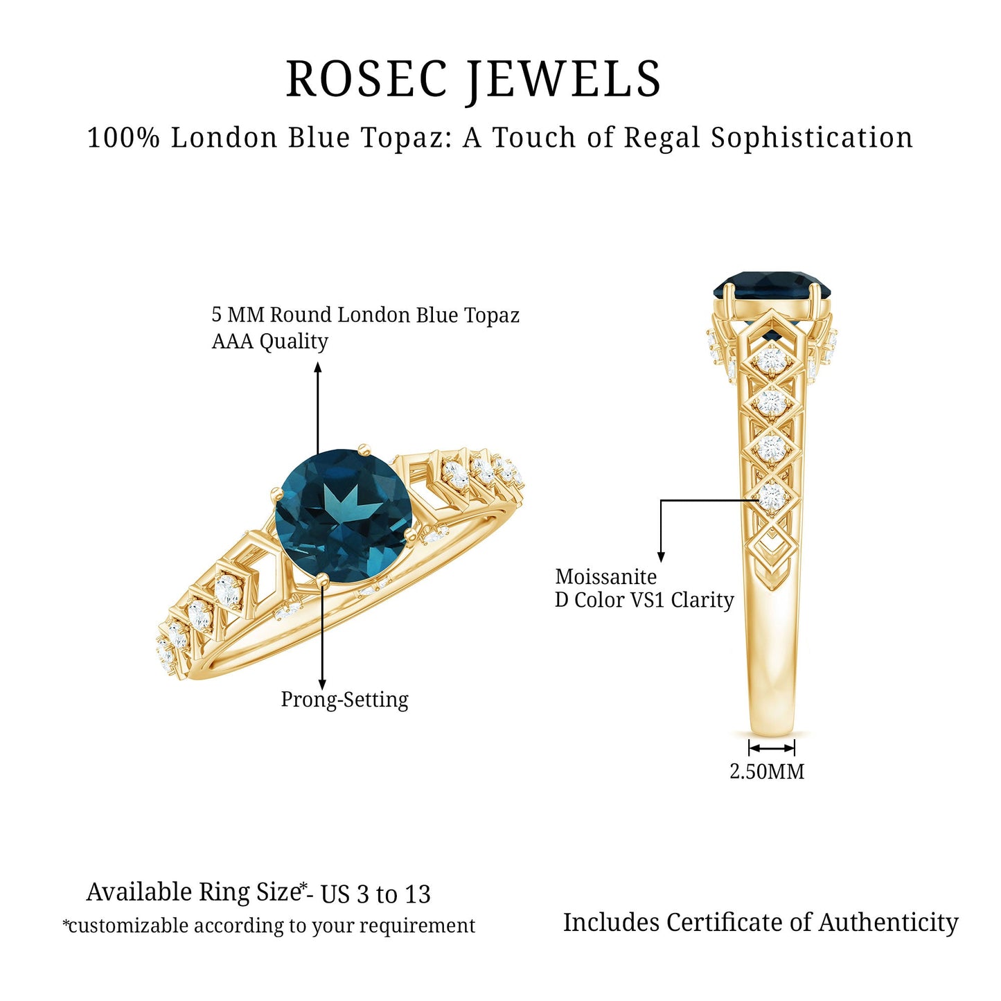 Art Deco Style Blue Topaz Engagement Ring with Moissanites