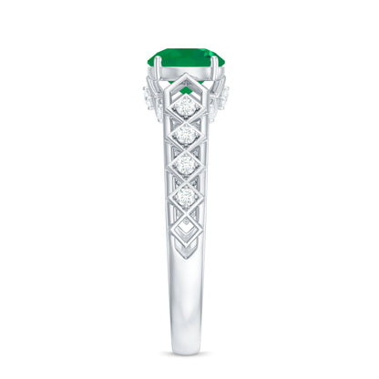 Genuine Emerald Art Deco Engagement Ring with Diamond