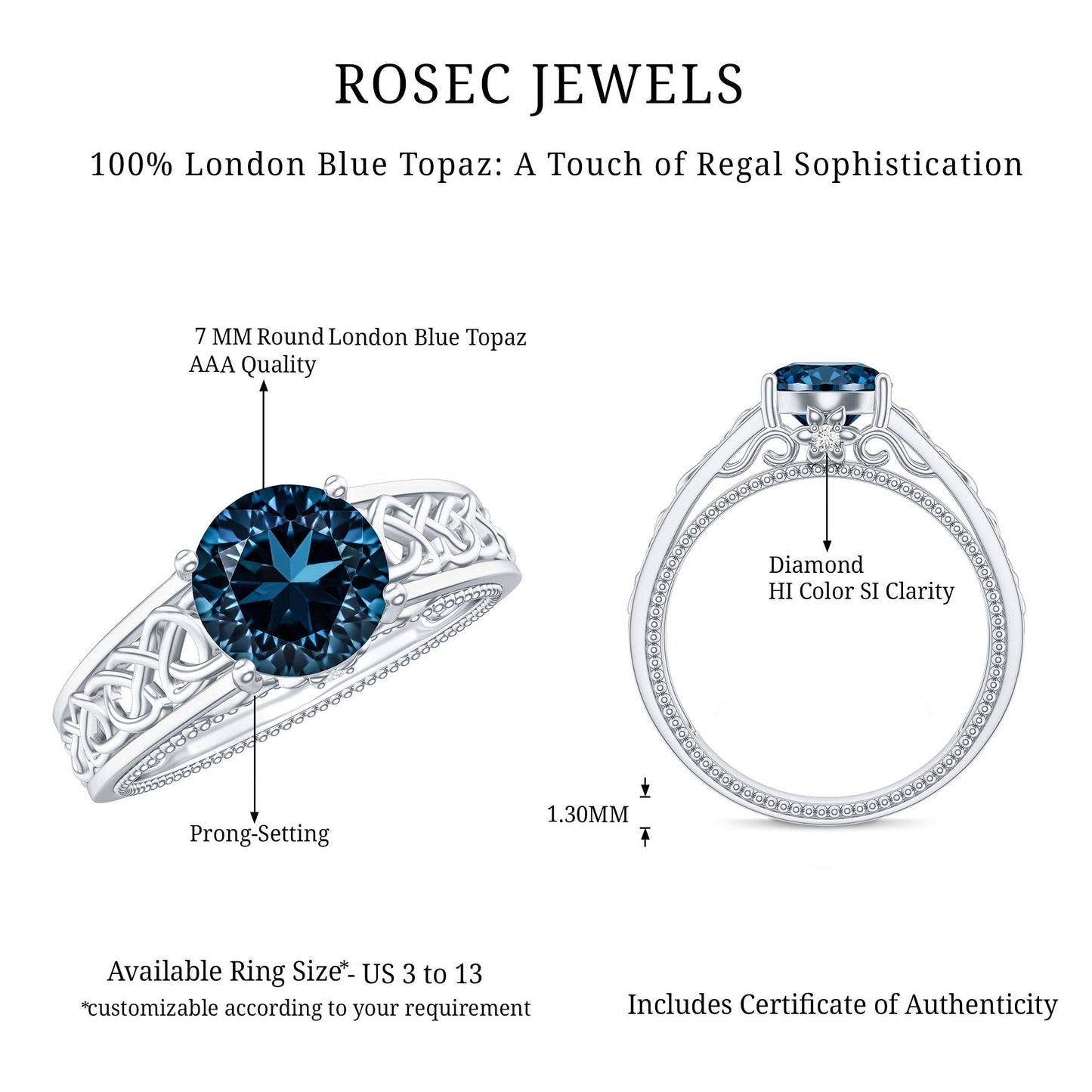 1.35 Carat Round London Blue Topaz Vintage Engagement Ring with Celtic Style Band