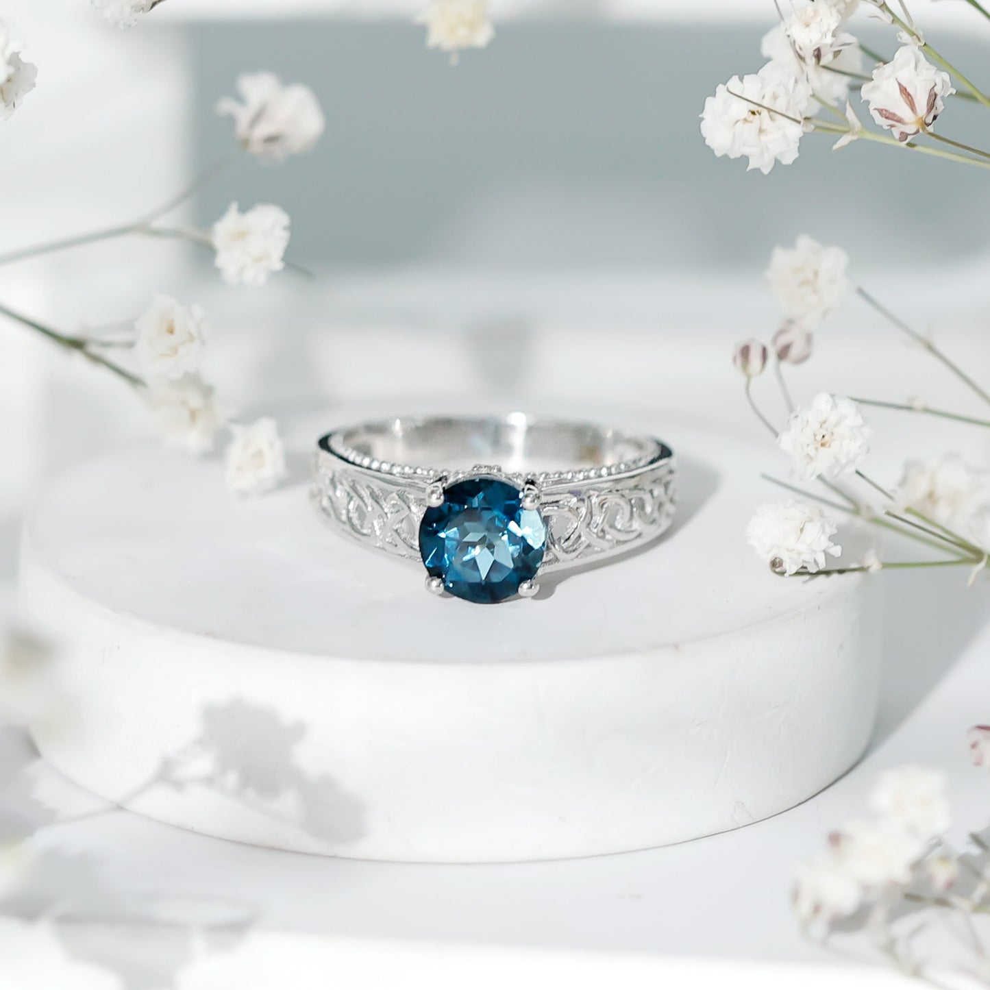 1.35 Carat Round London Blue Topaz Vintage Engagement Ring with Celtic Style Band