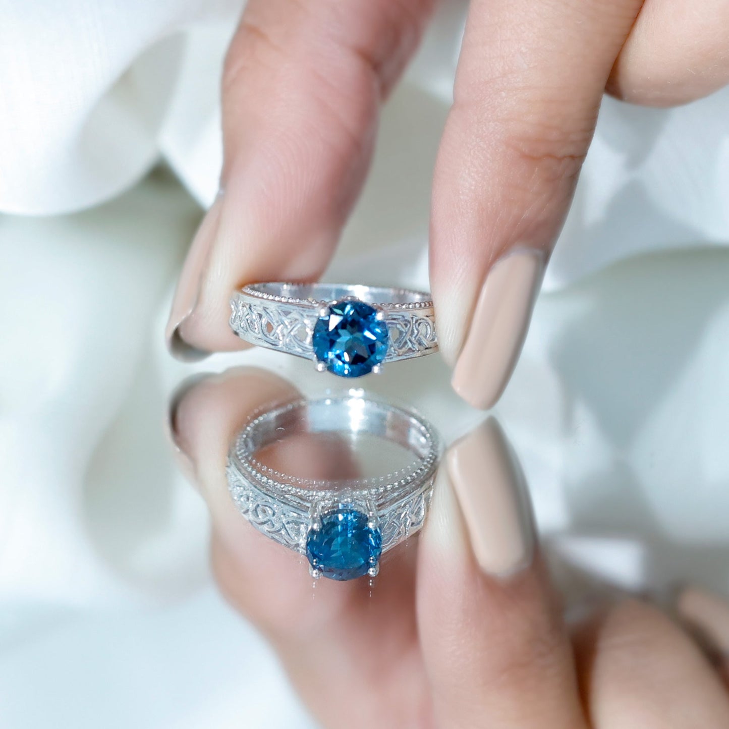 1.35 Carat Round London Blue Topaz Vintage Engagement Ring with Celtic Style Band