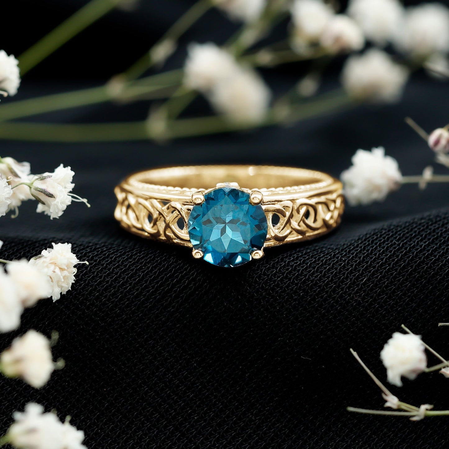 1.35 Carat Round London Blue Topaz Vintage Engagement Ring with Celtic Style Band