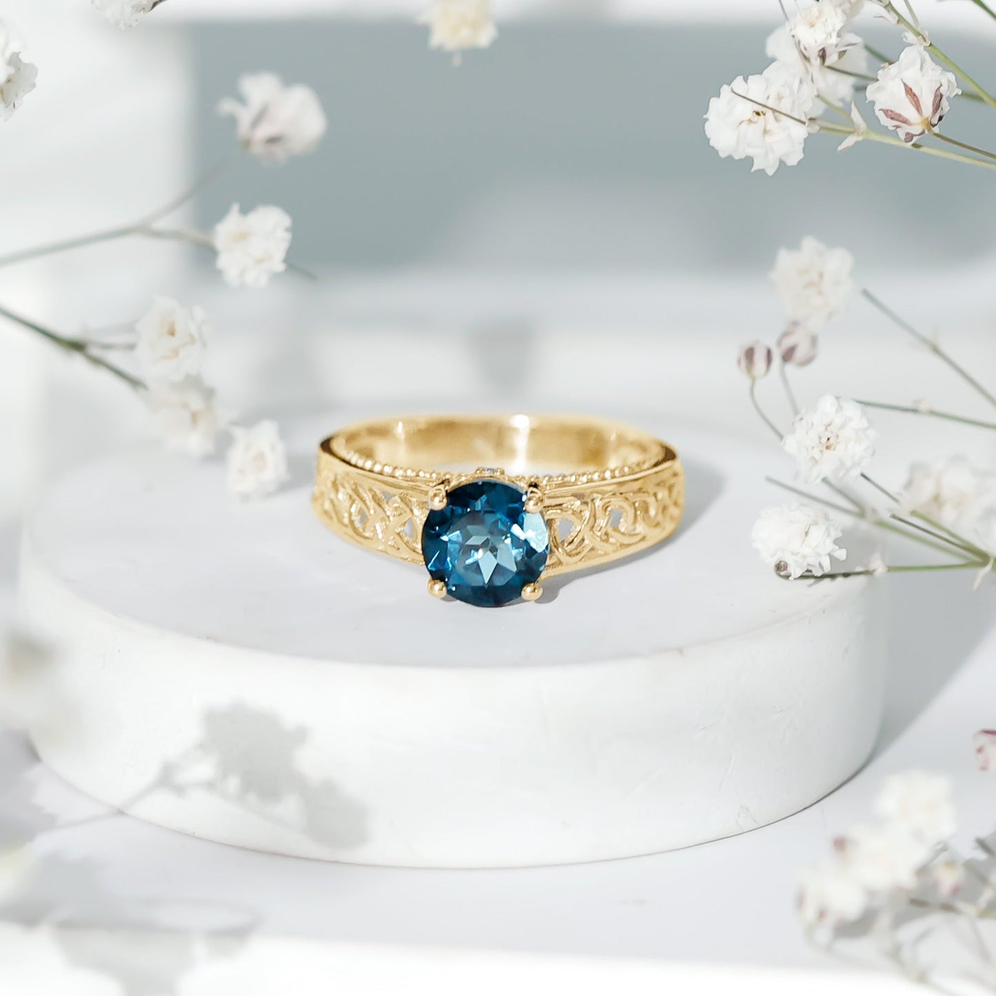 1.35 Carat Round London Blue Topaz Vintage Engagement Ring with Celtic Style Band