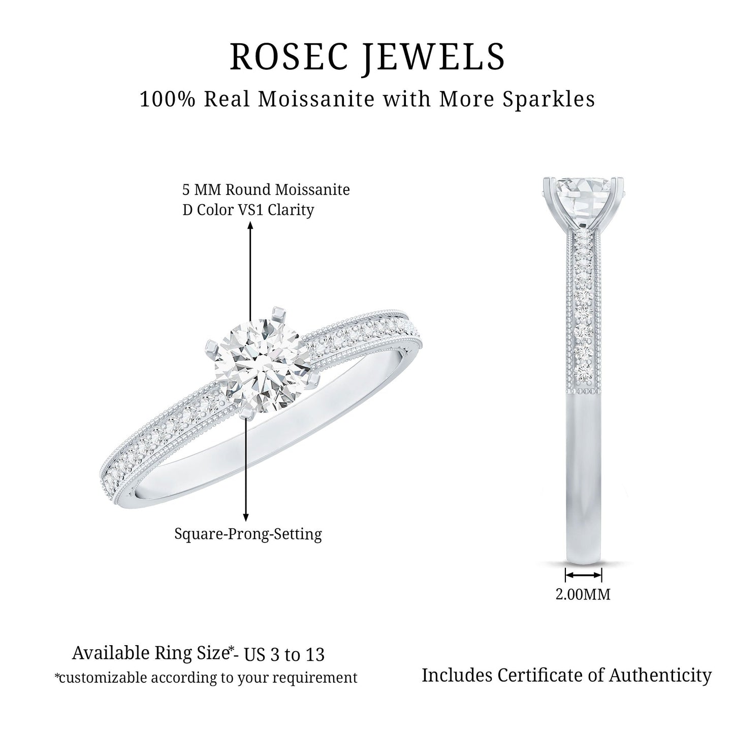 0.5 Carat  Moissanite Solitaire Engagement Ring with Milgrain