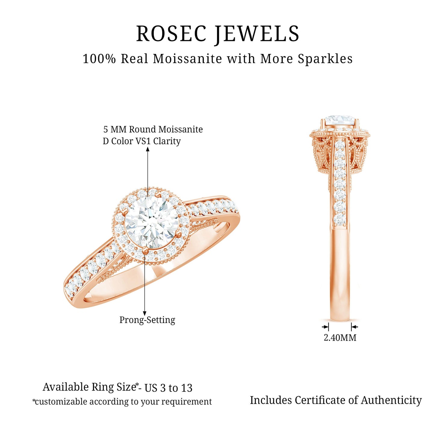 Certified Round Moissanite Halo Engagement Ring for Women