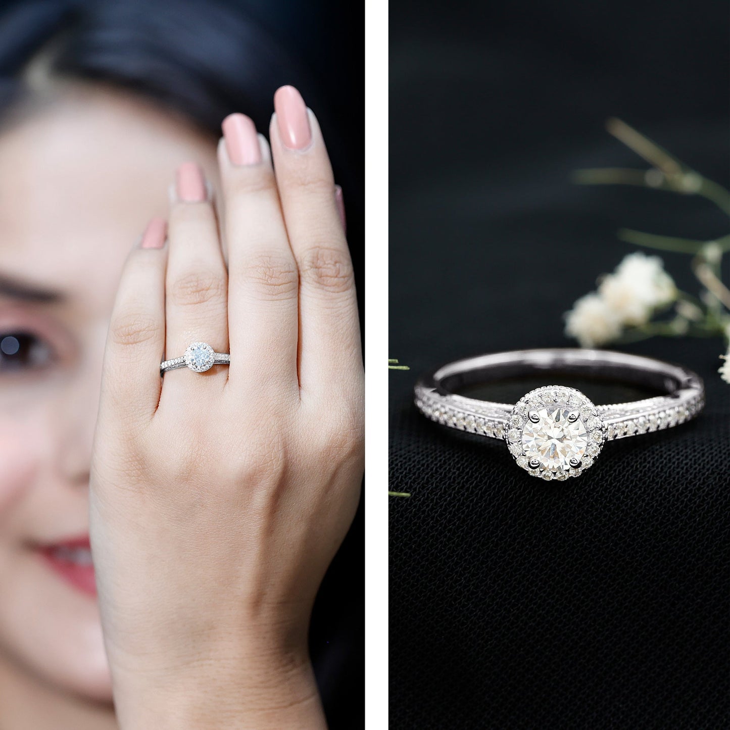 Certified Round Moissanite Halo Engagement Ring for Women