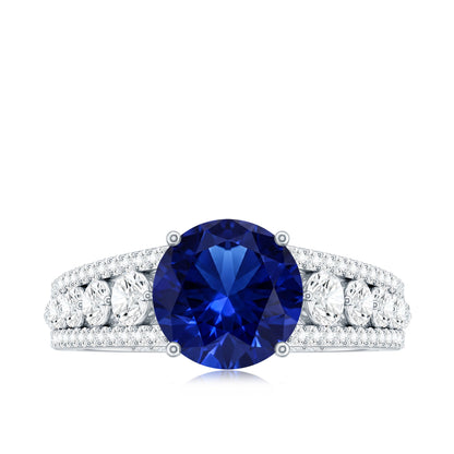 Solitaire Created Blue Sapphire Statement Engagement Ring with Moissanite