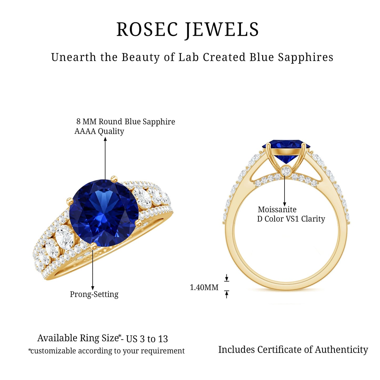 Solitaire Created Blue Sapphire Statement Engagement Ring with Moissanite
