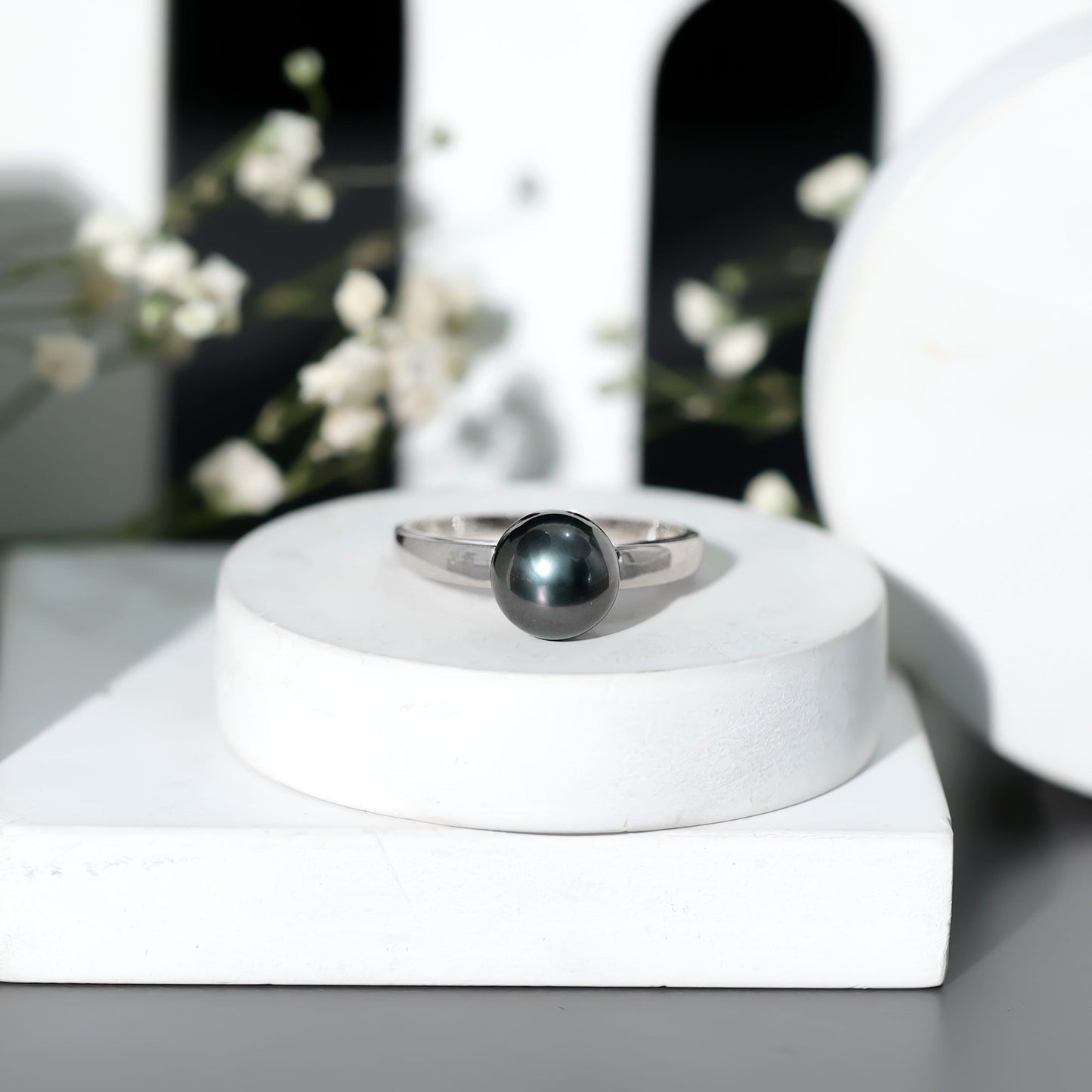 Handpicked Natural Black Pearl Solitaire Engagement Ring With Certificate