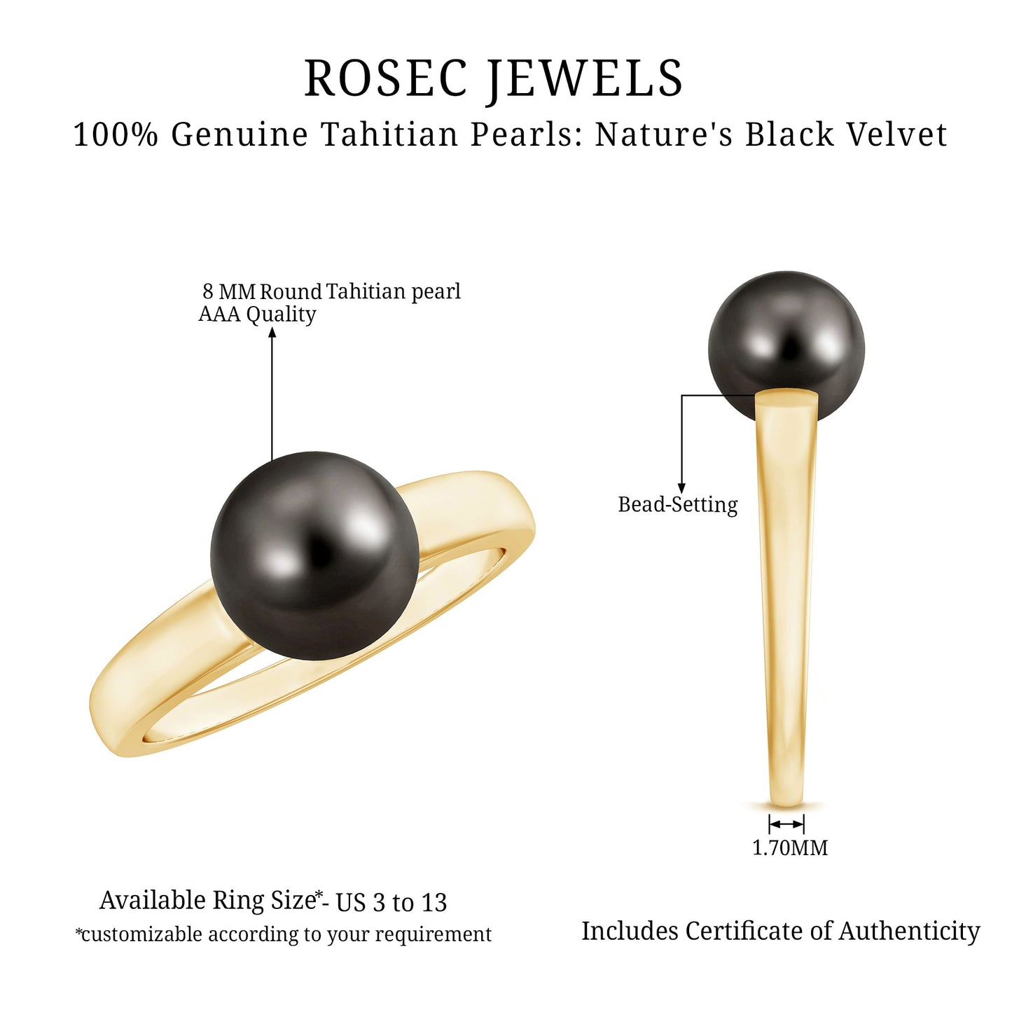 Handpicked Natural Black Pearl Solitaire Engagement Ring With Certificate