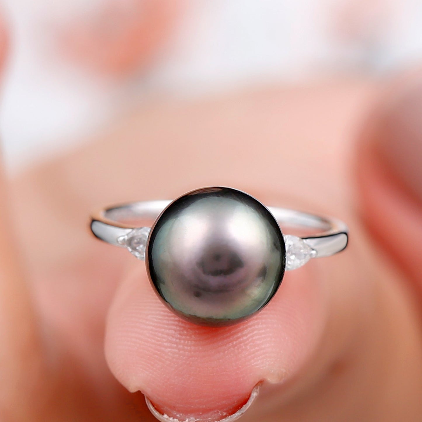 Round Tahitian Pearl Solitaire Engagement Ring with Moissanite
