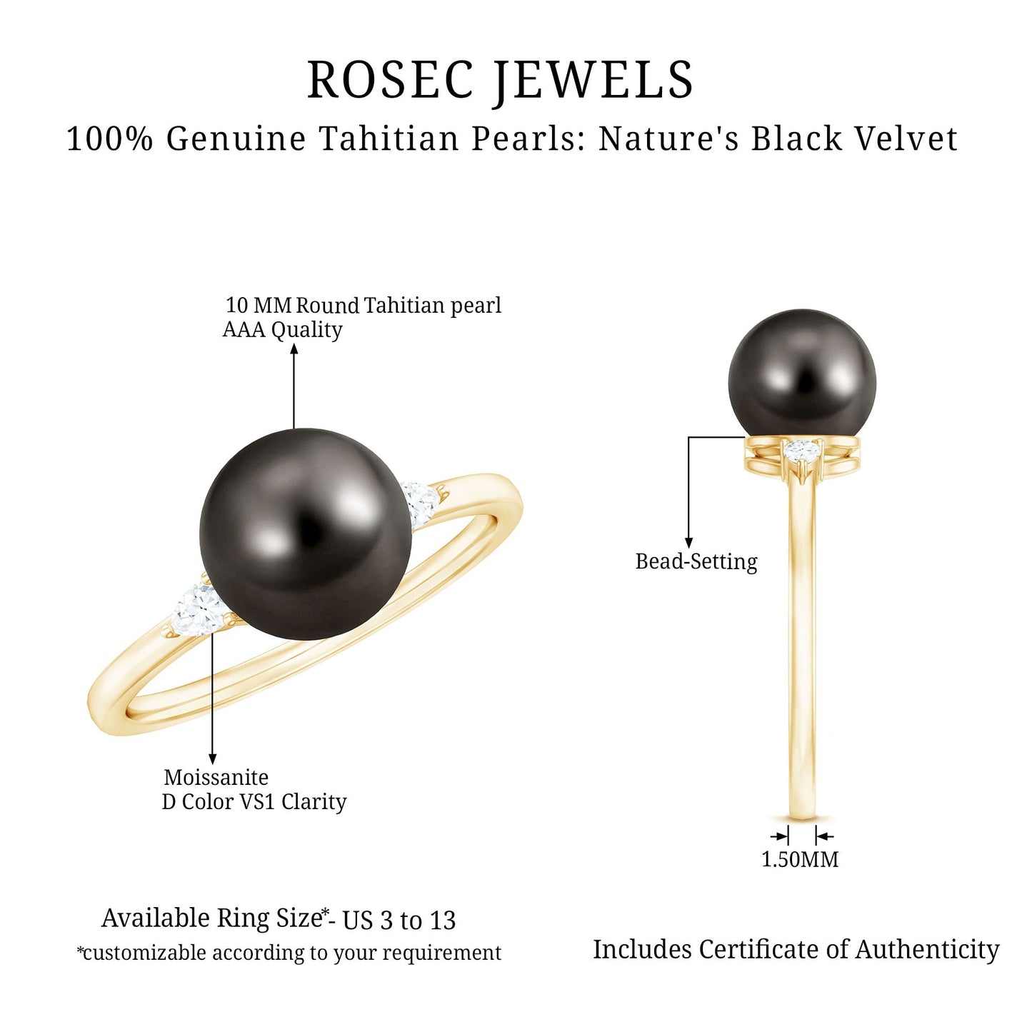 Round Tahitian Pearl Solitaire Engagement Ring with Moissanite