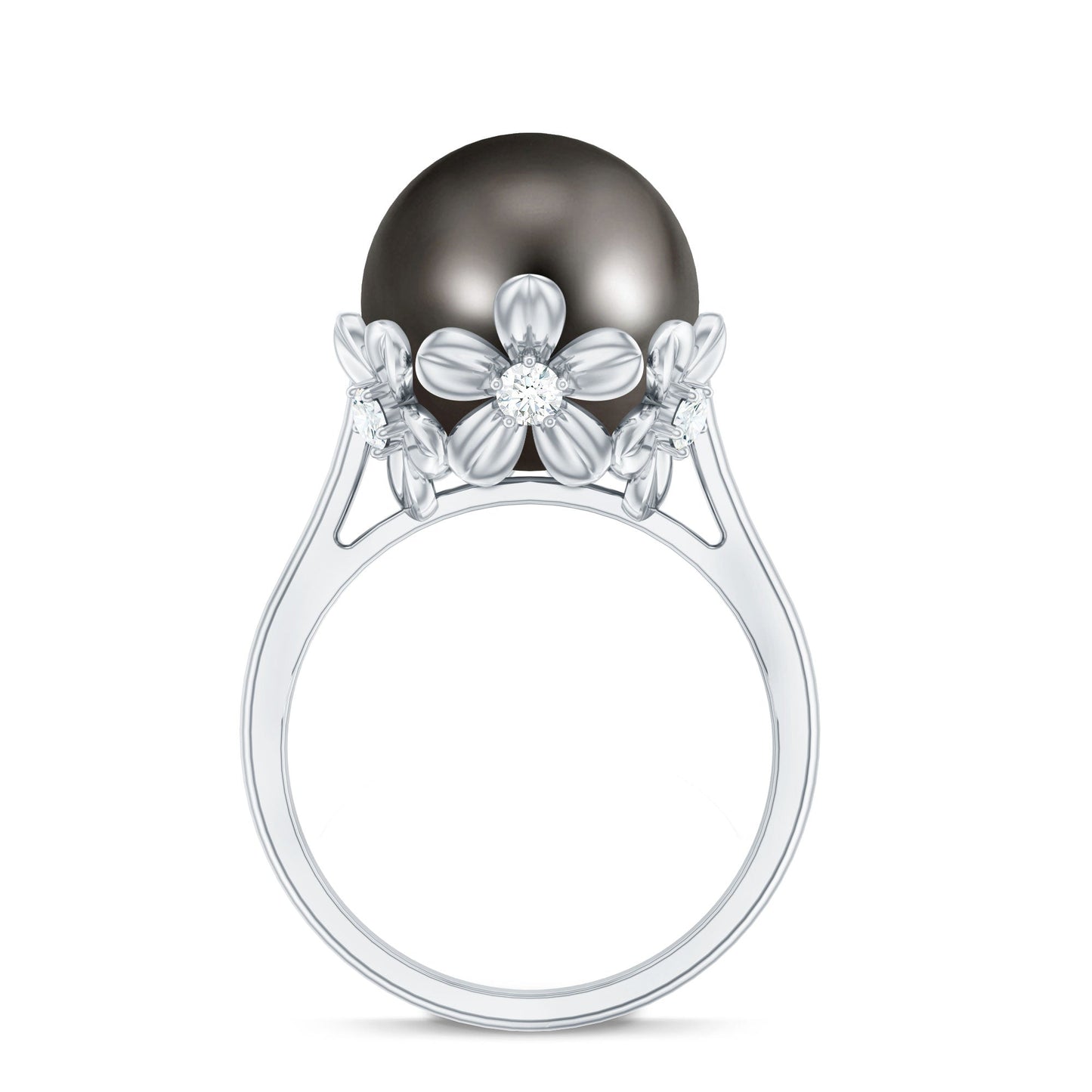 8 Carat Solitaire Tahitian Black Pearl Engagement Ring with Floral Setting