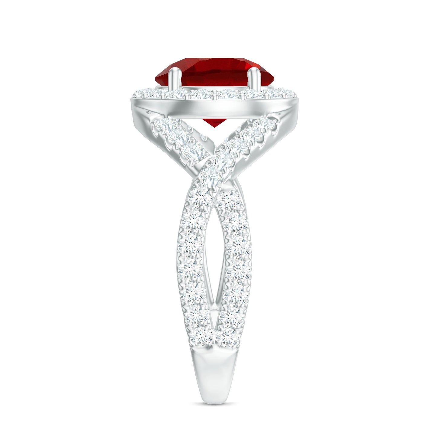 Lab Created Ruby Criss Cross Engagement Ring with Moissanite Halo