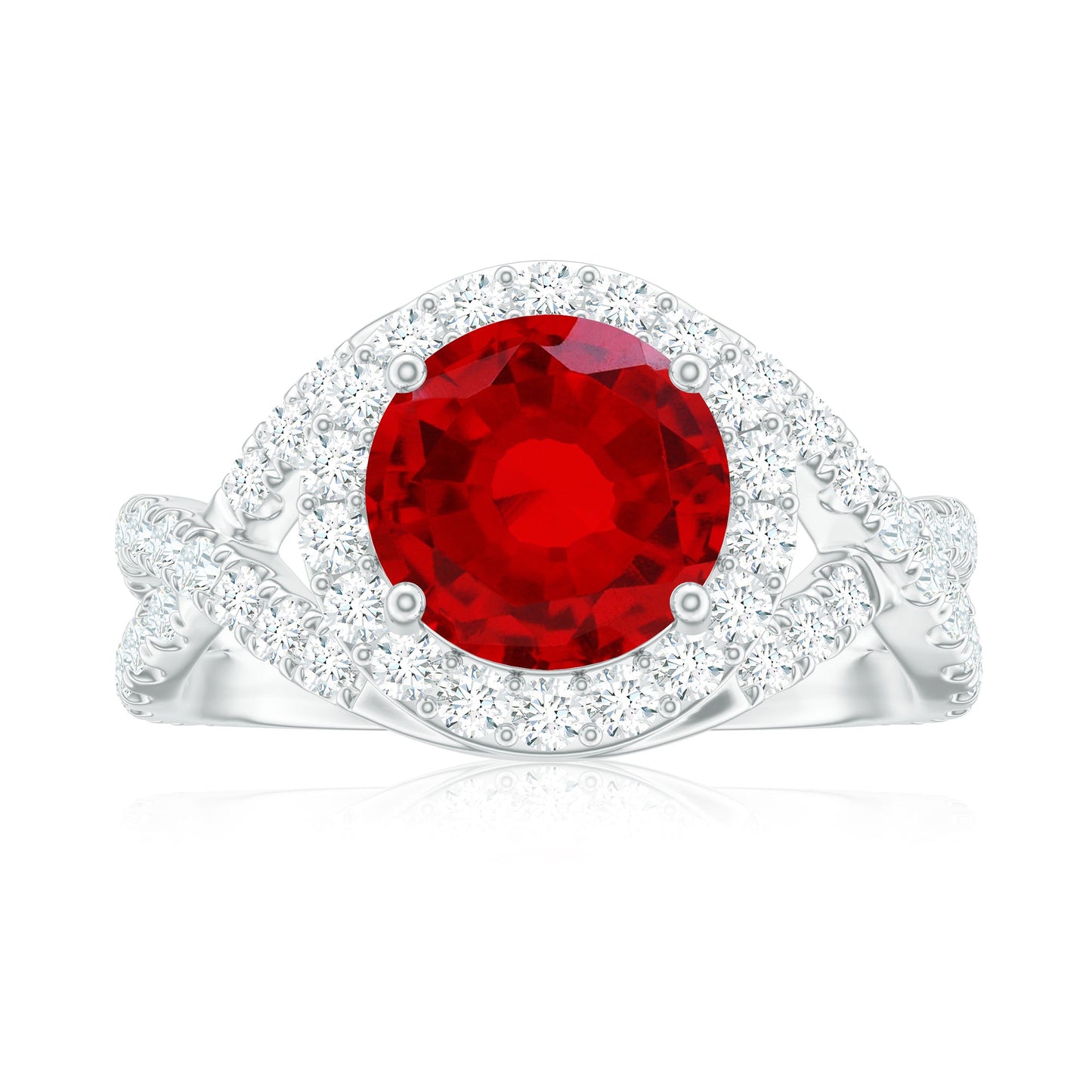 Lab Created Ruby Criss Cross Engagement Ring with Moissanite Halo