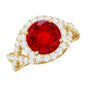 Lab Created Ruby Criss Cross Engagement Ring with Moissanite Halo