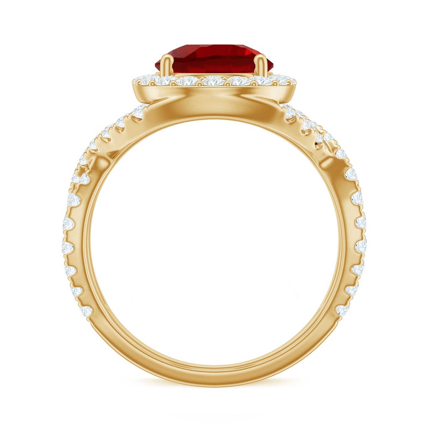Lab Created Ruby Criss Cross Engagement Ring with Moissanite Halo