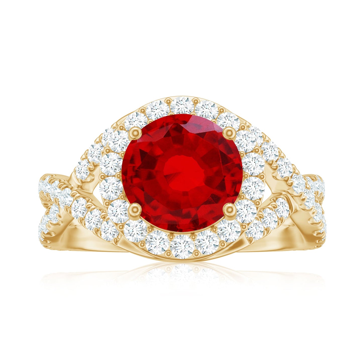 Lab Created Ruby Criss Cross Engagement Ring with Moissanite Halo