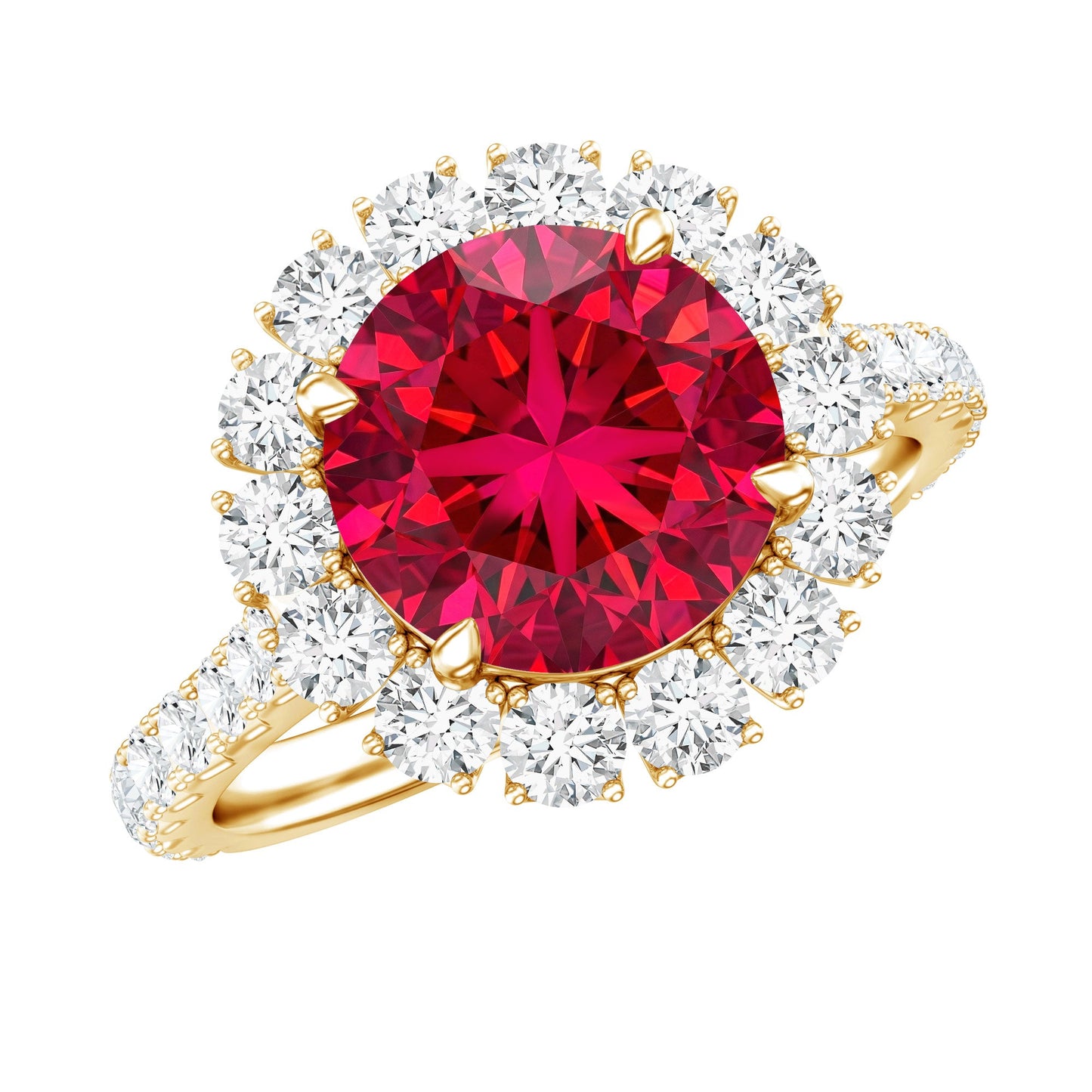 Round Lab Created Ruby and Moissanite Halo Engagement Ring
