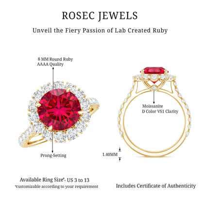 Round Lab Created Ruby and Moissanite Halo Engagement Ring