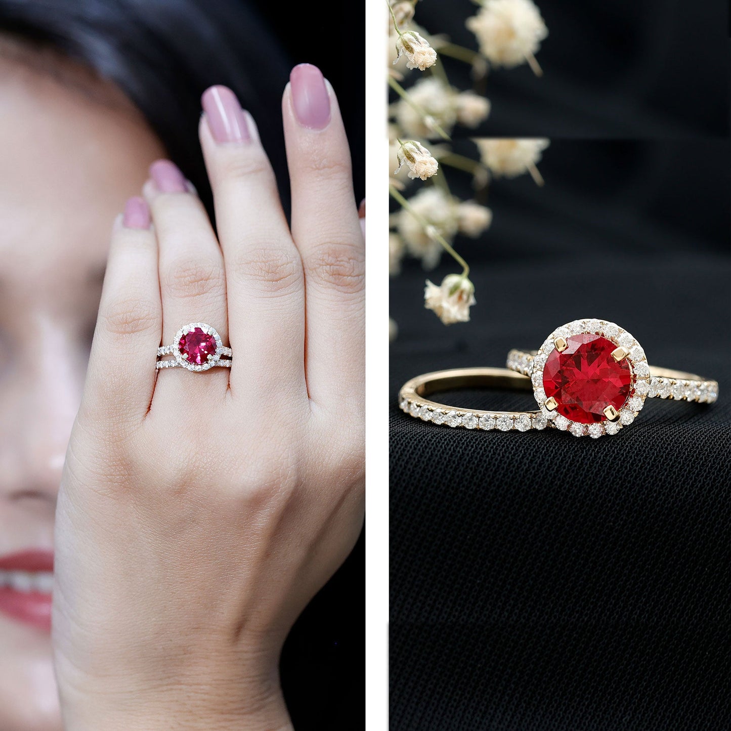 Lab Created Ruby Halo Wedding Ring Set with Moissanite