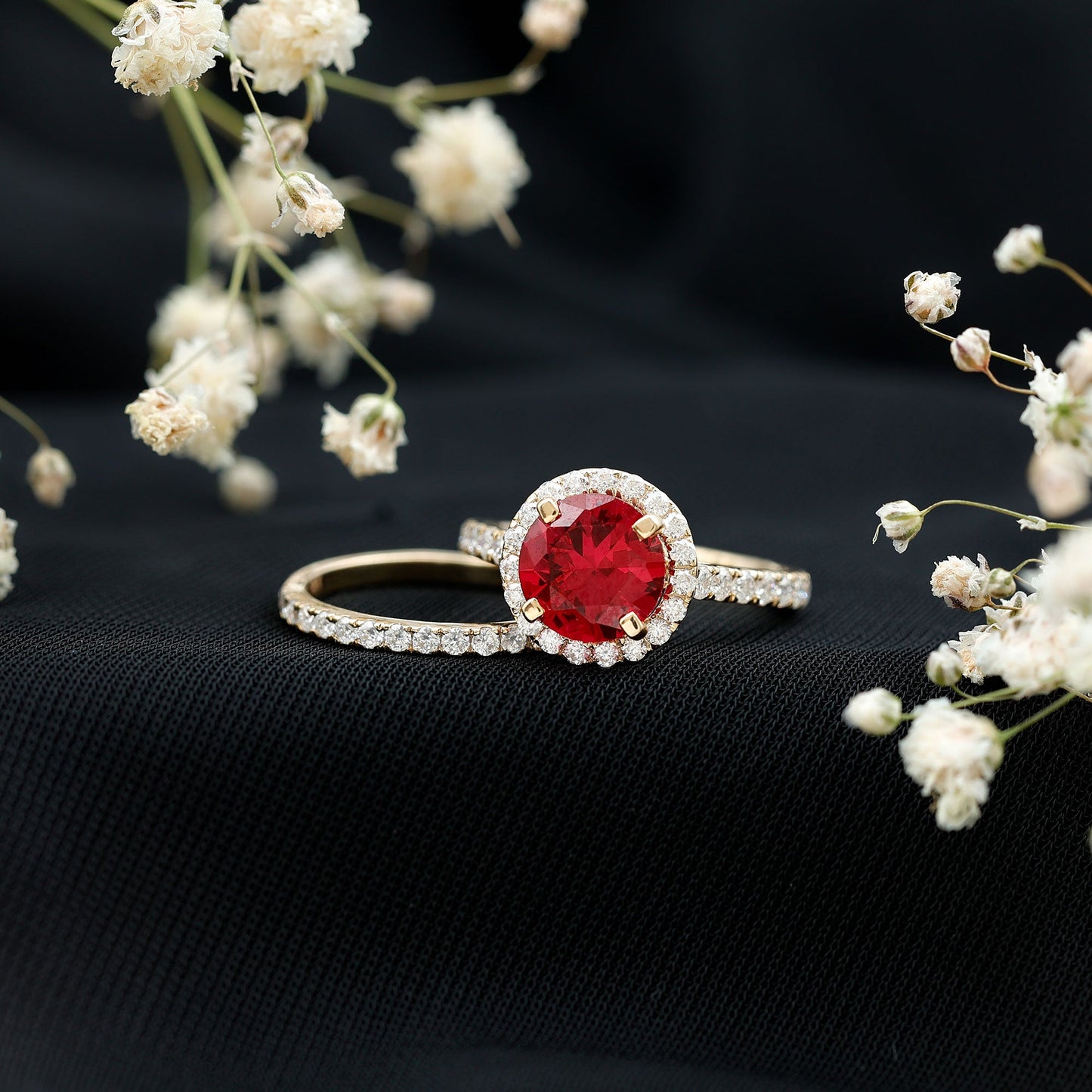 Lab Created Ruby Halo Wedding Ring Set with Moissanite