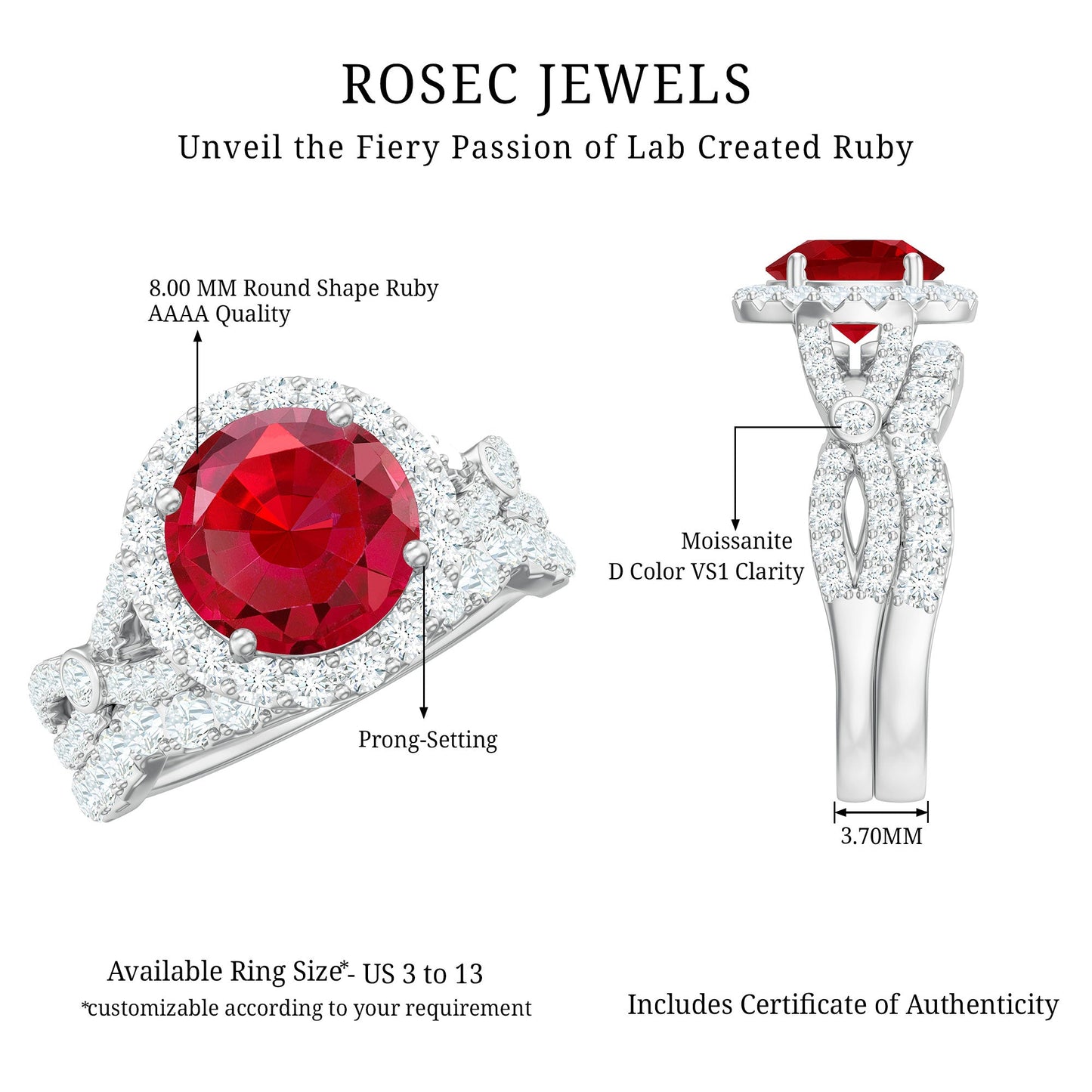 Round Cut Lab Created Ruby and Moissanite Bridal Ring Set