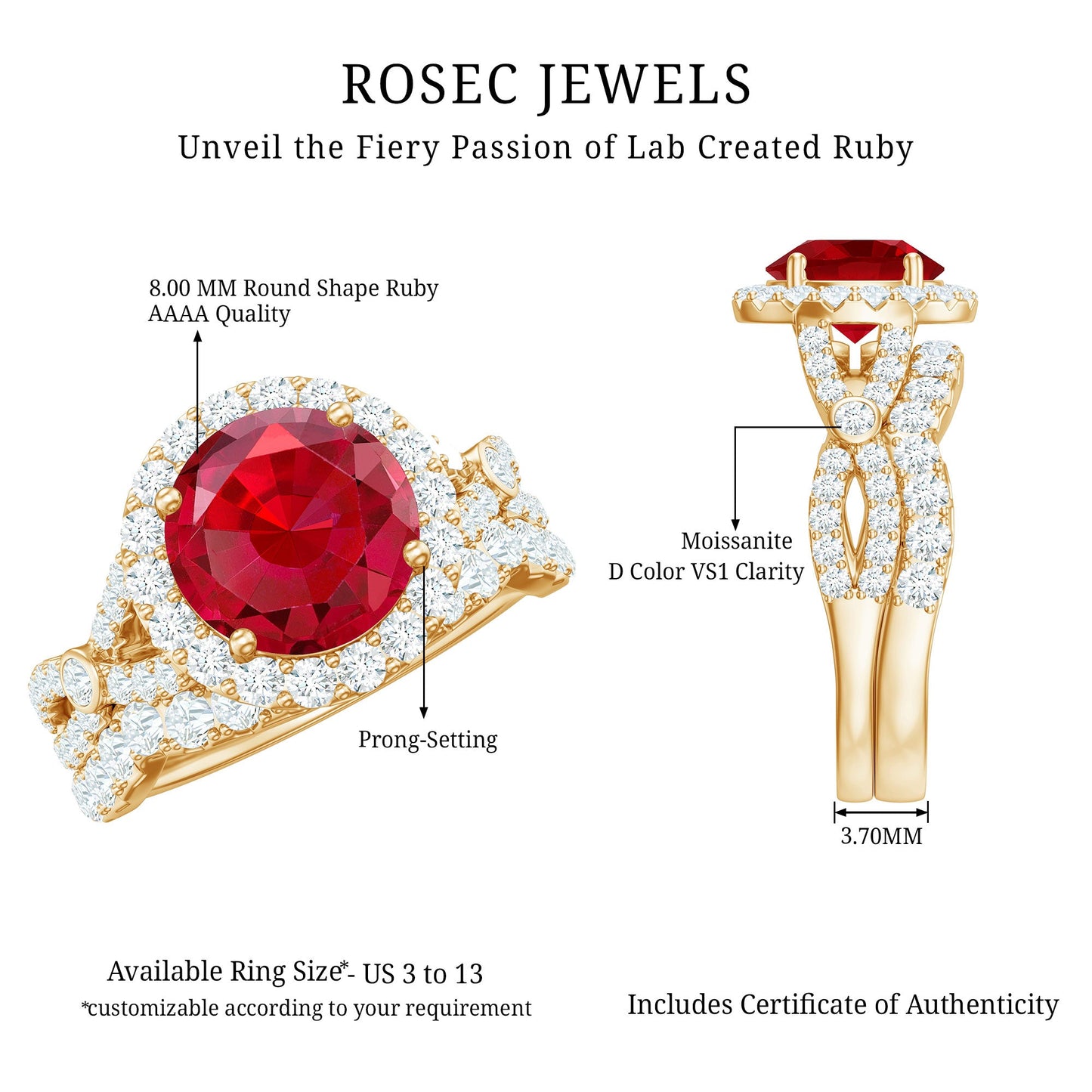 Round Cut Lab Created Ruby and Moissanite Bridal Ring Set