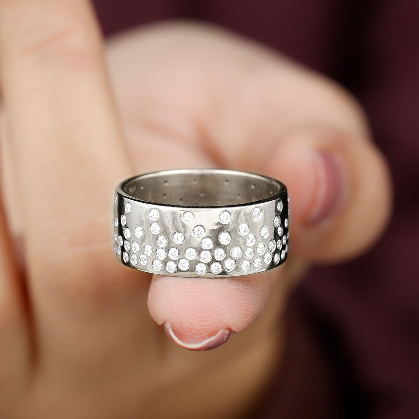 Certified Moissanite Wide Wedding Band in Flush Setting
