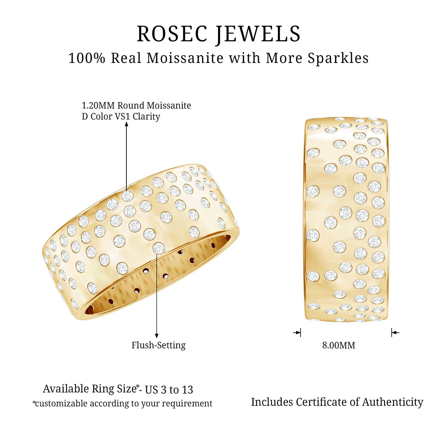 Certified Moissanite Wide Wedding Band in Flush Setting