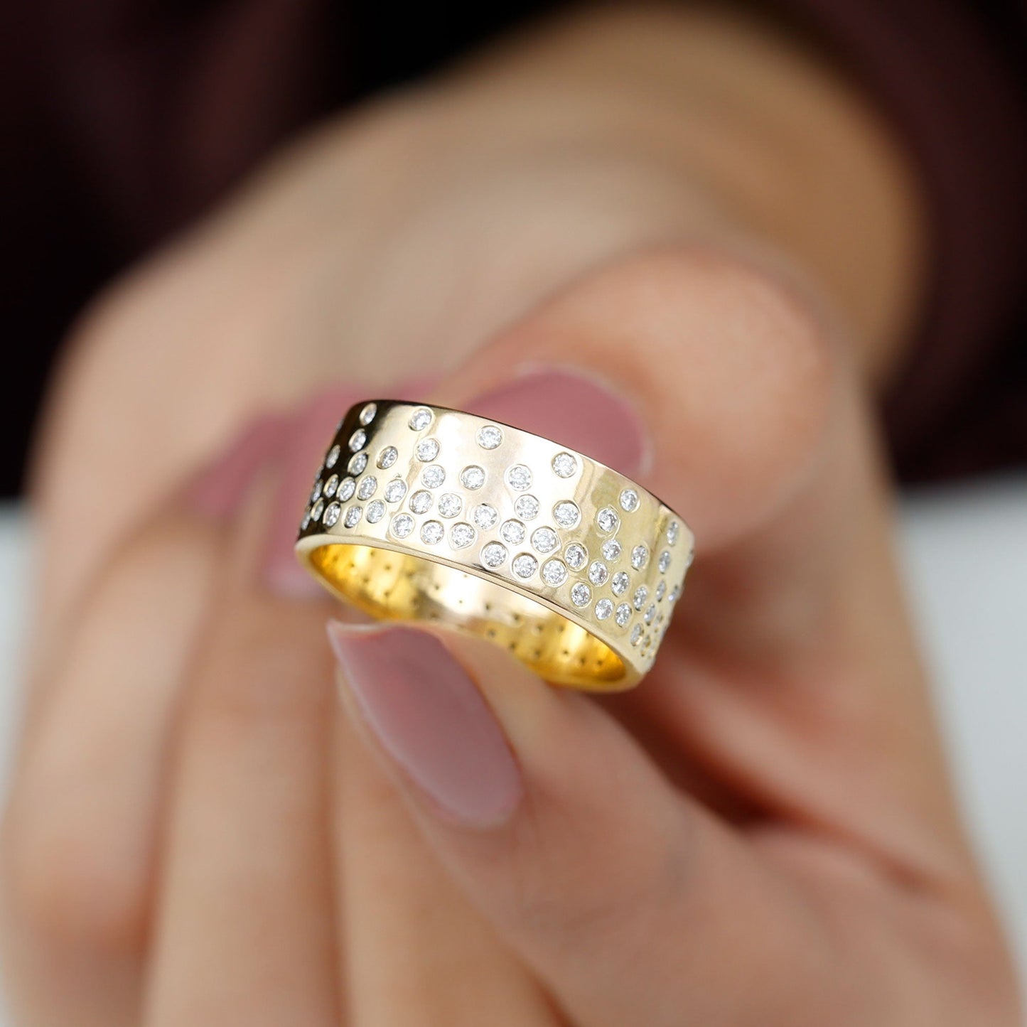 Certified Moissanite Wide Wedding Band in Flush Setting