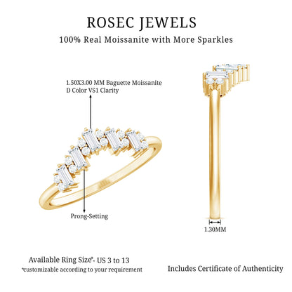 Baguette and Round Cut Moissanite Chevron Stackable Ring