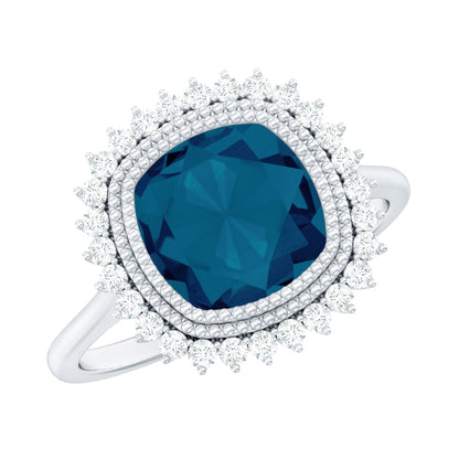 Cushion Cut Blue Topaz Statement Engagement Ring with Diamond Halo