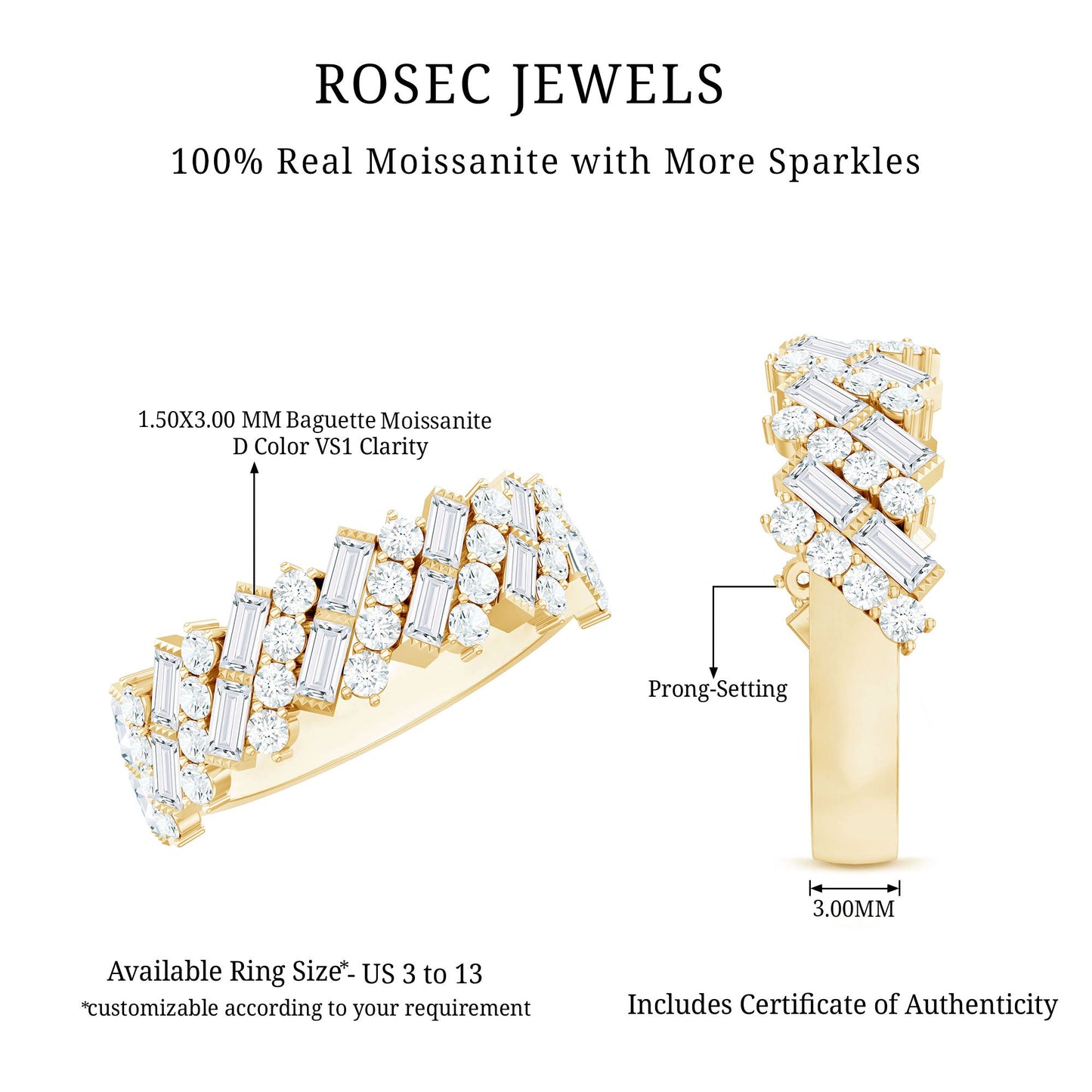 Certified Baguette and Round Moissanite Half Eternity Wedding Band
