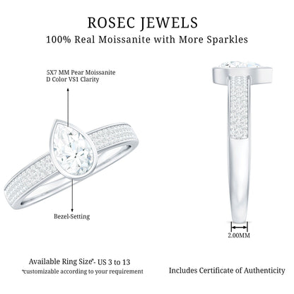 Pear Cut Moissanite Bezel Set Engagement Ring With Side Stones