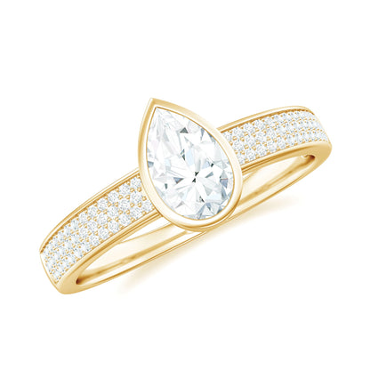 Pear Cut Moissanite Bezel Set Engagement Ring With Side Stones