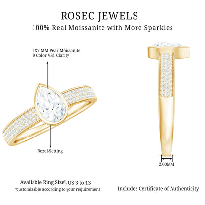 Pear Cut Moissanite Bezel Set Engagement Ring With Side Stones
